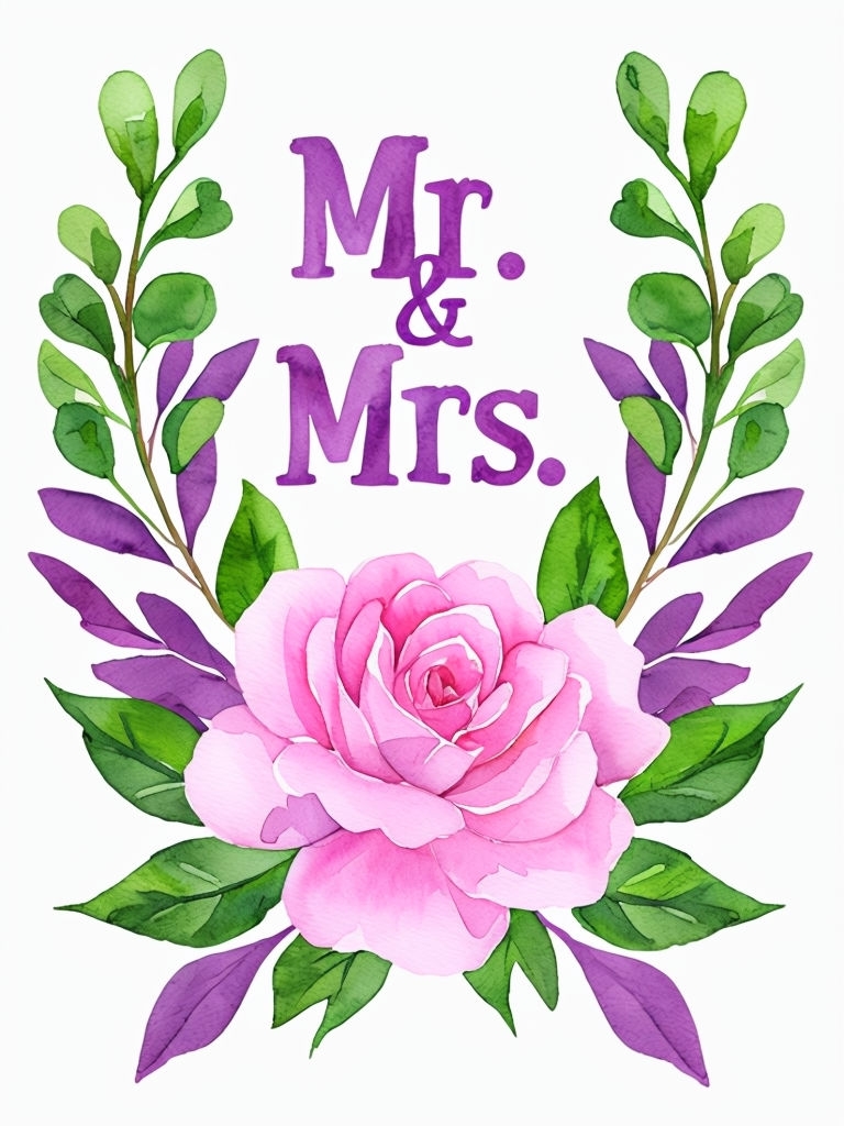 Pink Rose Floral Wreath with Mr. & Mrs. Watercolor Sign
