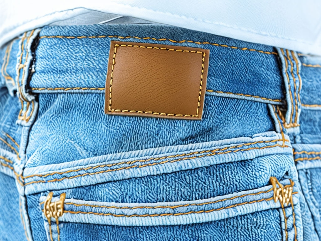 Close-Up Light Blue Denim Jeans with Leather Waistband Patch Mockup