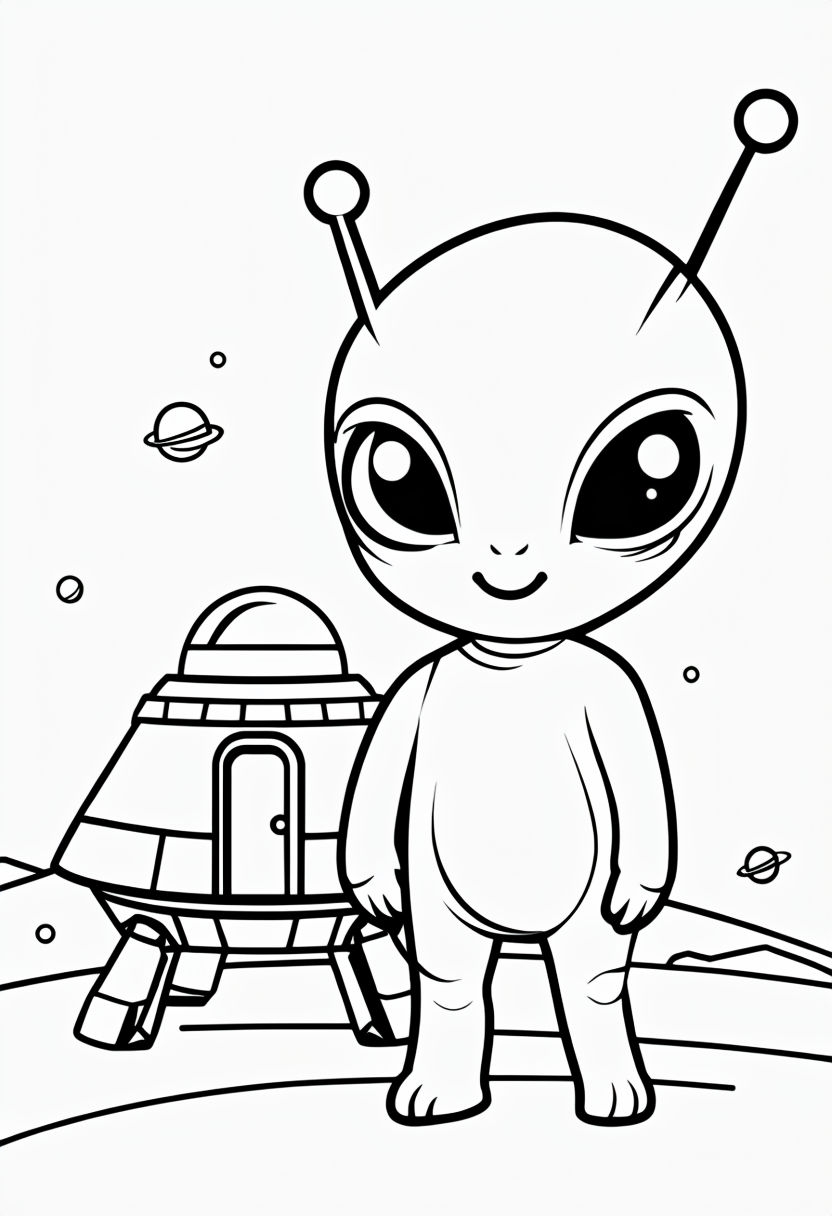Cute Alien and Spaceship Line Art Illustration for Coloring Book Pages