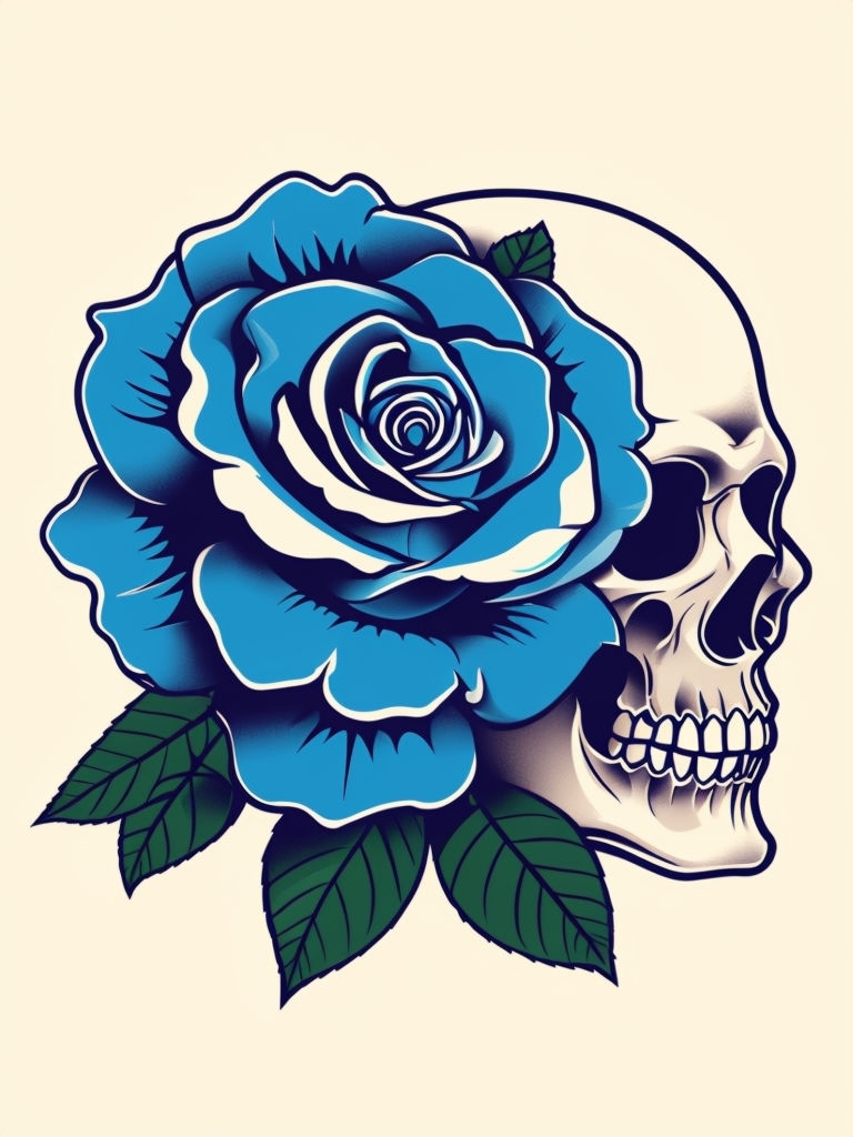 Vibrant Blue Rose and Skull Tattoo Style Illustration Art