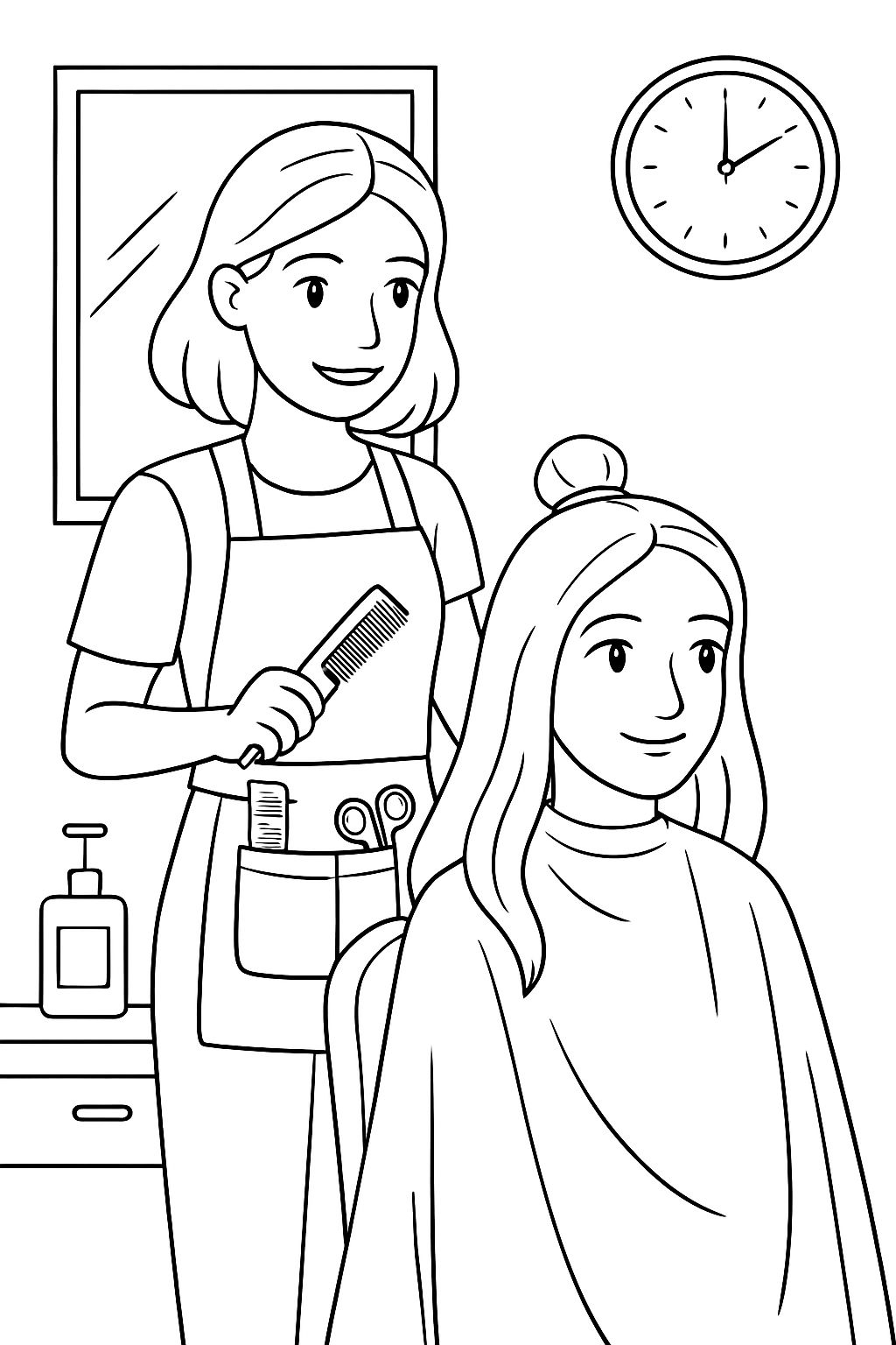 Hair Salon Scene with Barber and Customer Line Drawing Coloring Book Pages