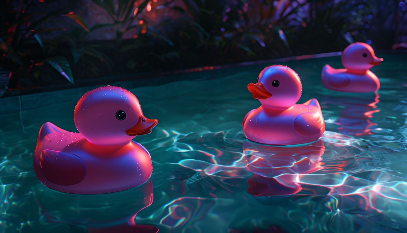 Vibrant Pink Rubber Ducks in Teal Water Digital Artwork Background