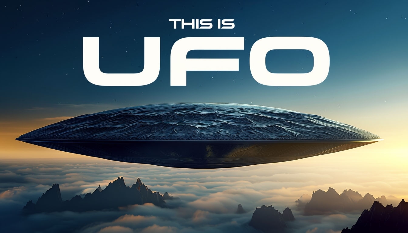 Mysterious Dark Gray UFO Hovering Above Clouds Art Social Media Post