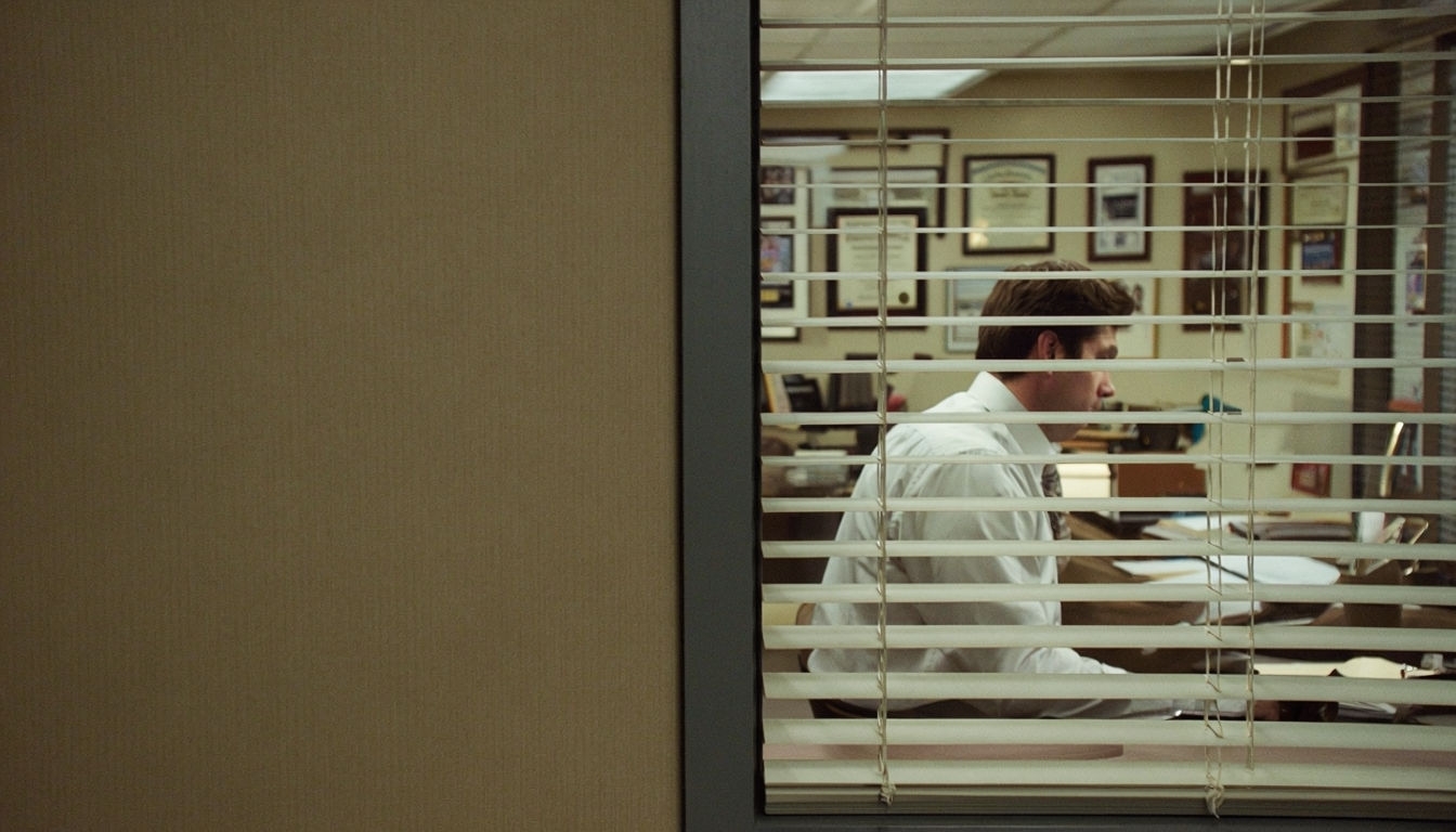 Professional Office Scene with Jim Halpert Through Blinds background