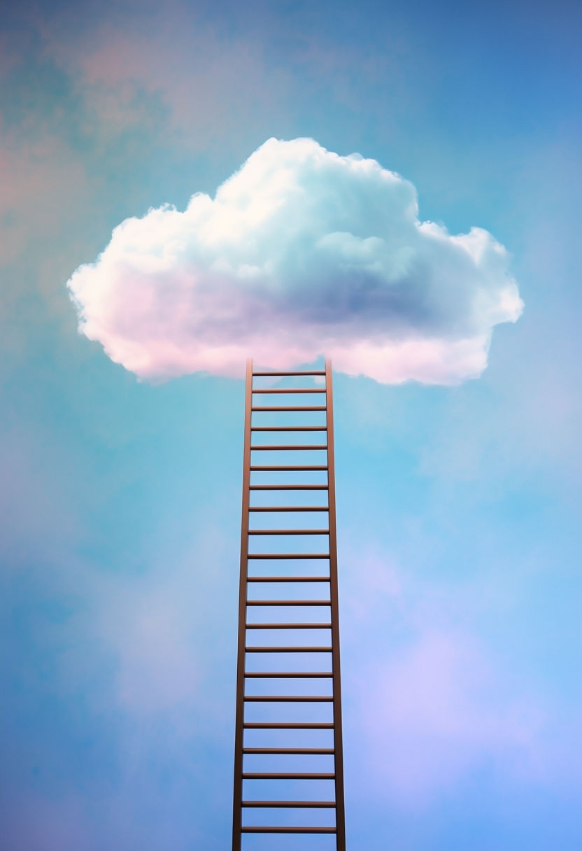 Surreal Brown Ladder Reaching for a Fluffy Cloud Art