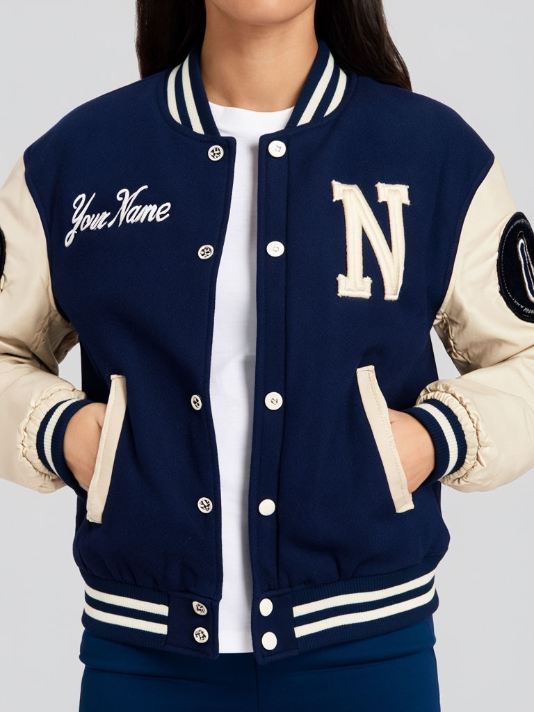 Navy Blue Varsity Bomber Jacket Close-Up Mockup