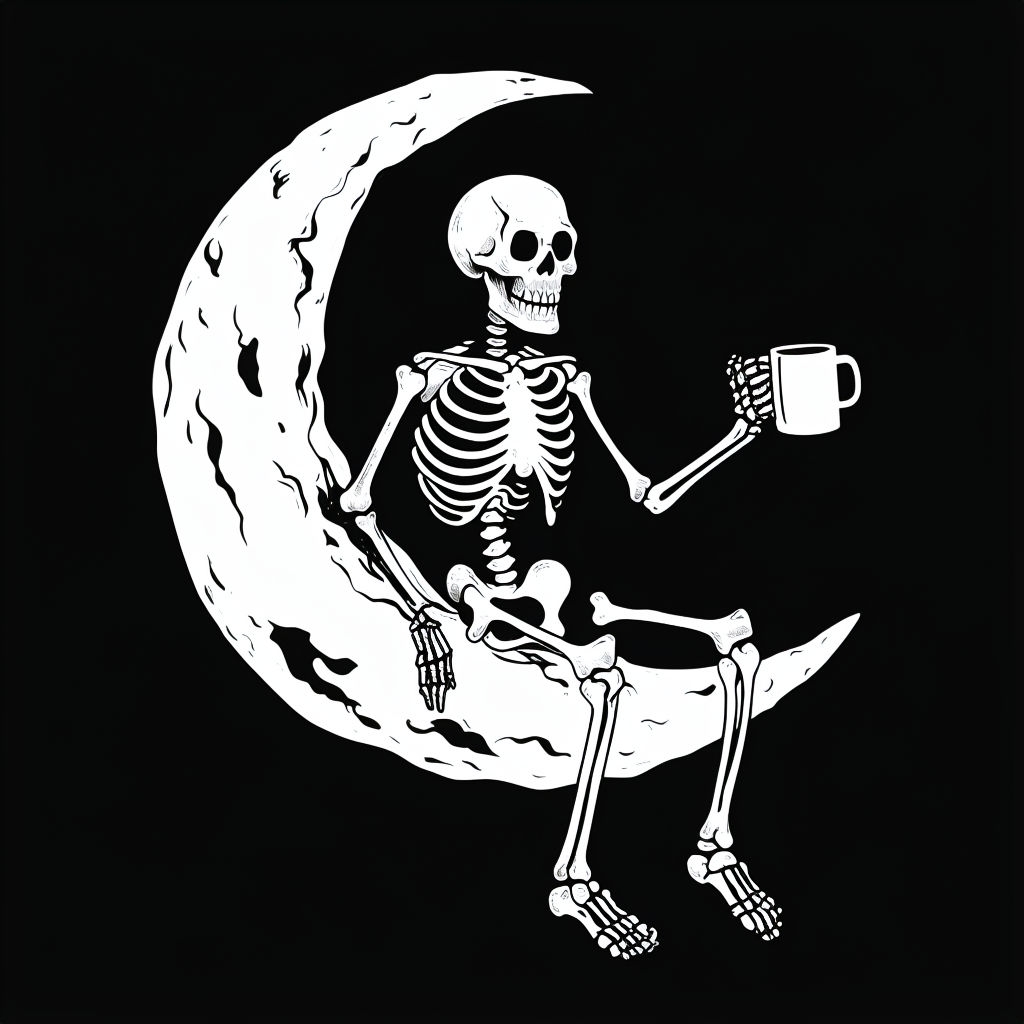Whimsical Skeleton on Crescent Moon Illustration T-Shirt
