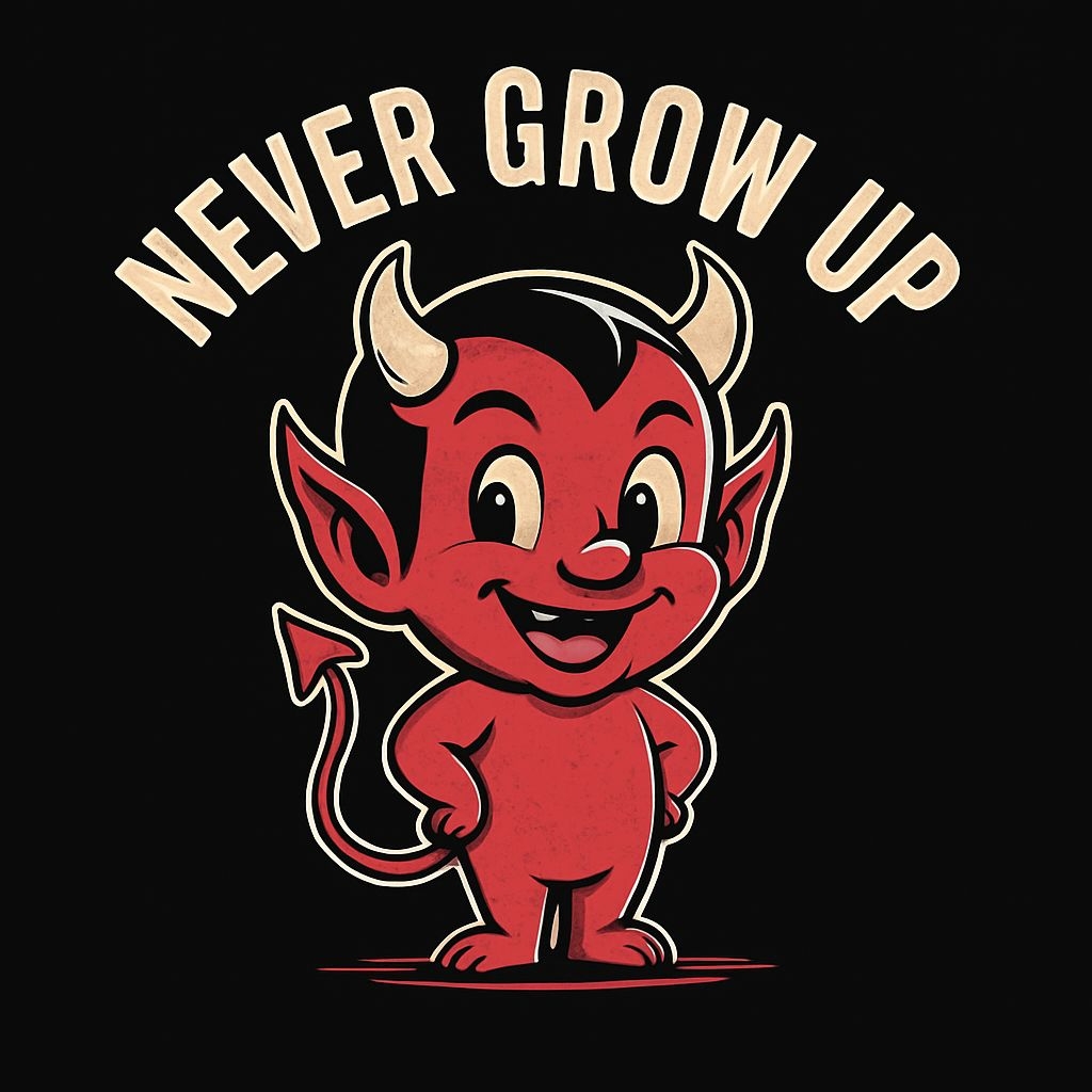 Cheerful Vintage Red Devil with Never Grow Up Phrase T-Shirt