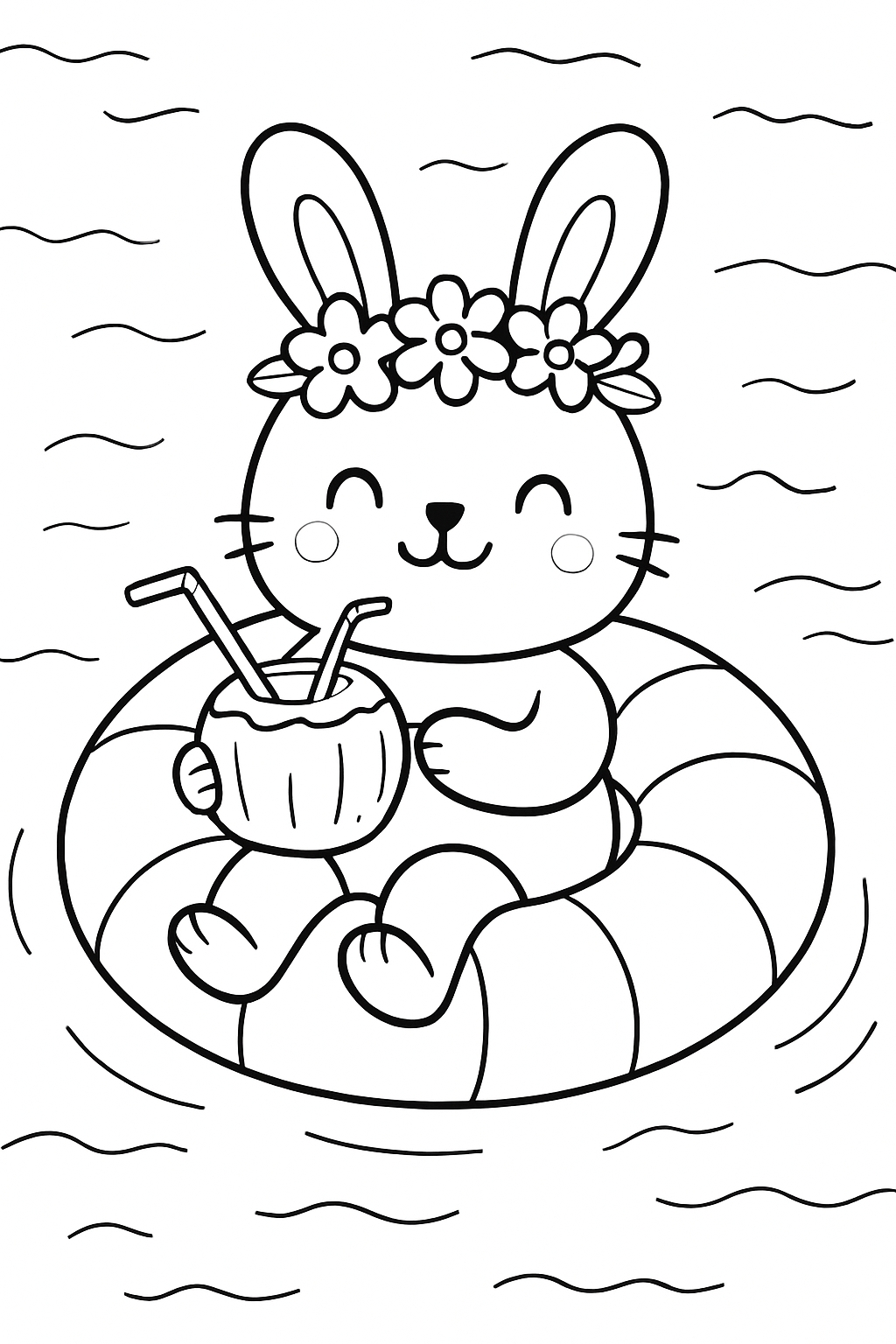 Cheerful Cartoon Rabbit on Inflatable Ring Coloring Page