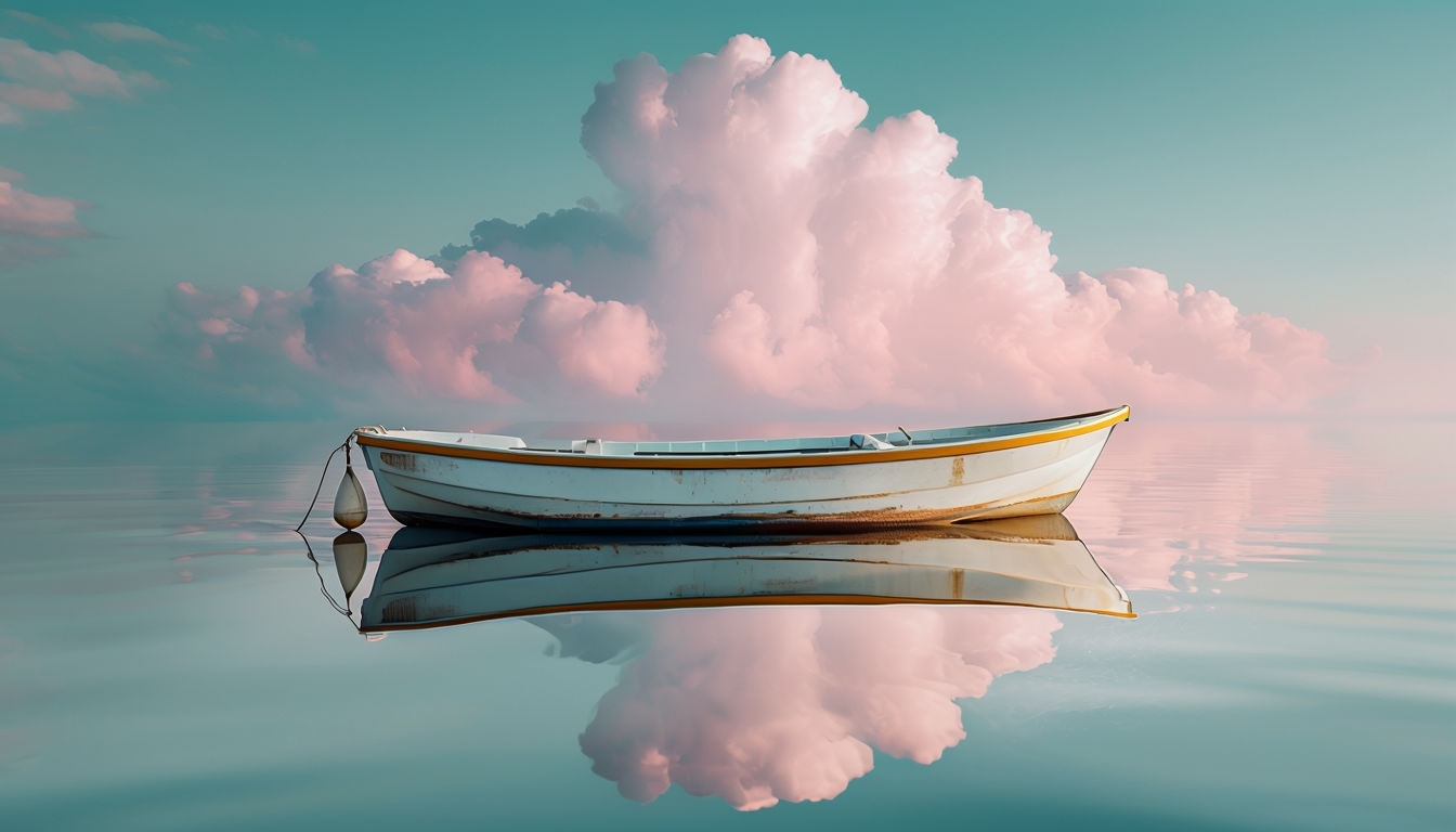 Serene Minimalist Boat Reflection with Soft Pink Cloud Background
