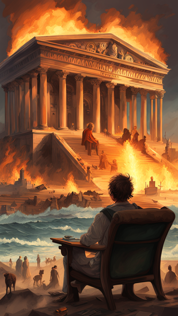 Illustration of the Library of Alexandria ablaze by voisard - Playground