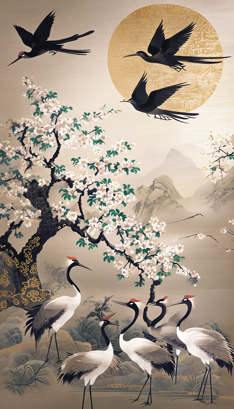 Serene Traditional Chinese Painting with Cranes and Cherry Blossoms Art