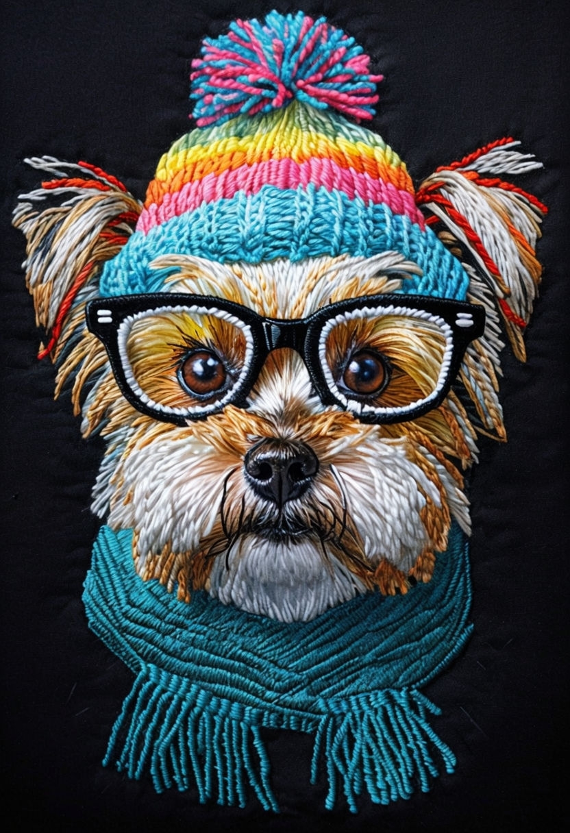 Whimsical Yorkshire Terrier Embroidery Portrait Art