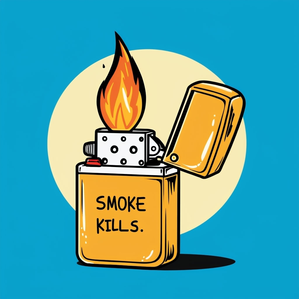 Cartoon Gold Lighter with Flame and Smoke Kills Message Sticker