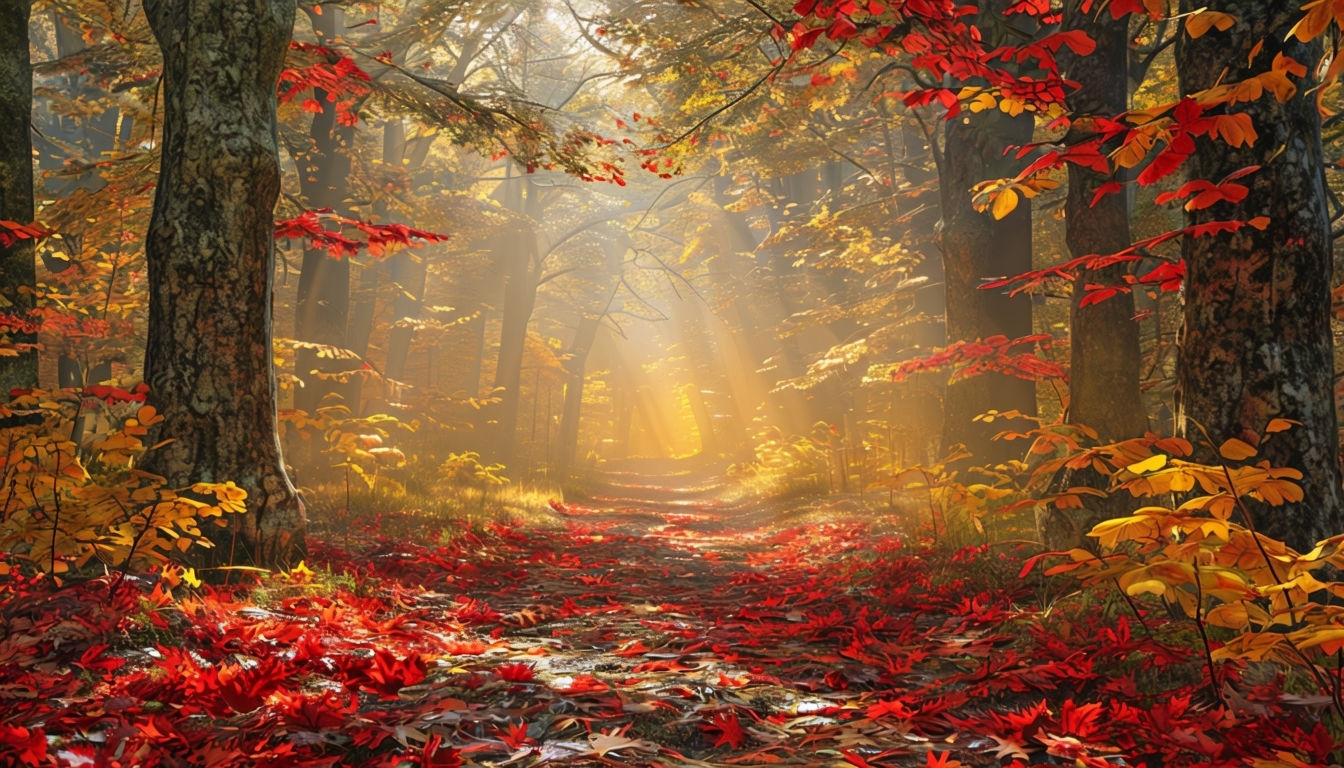 Serene Fall Forest Path with Colorful Leaves Virtual Background