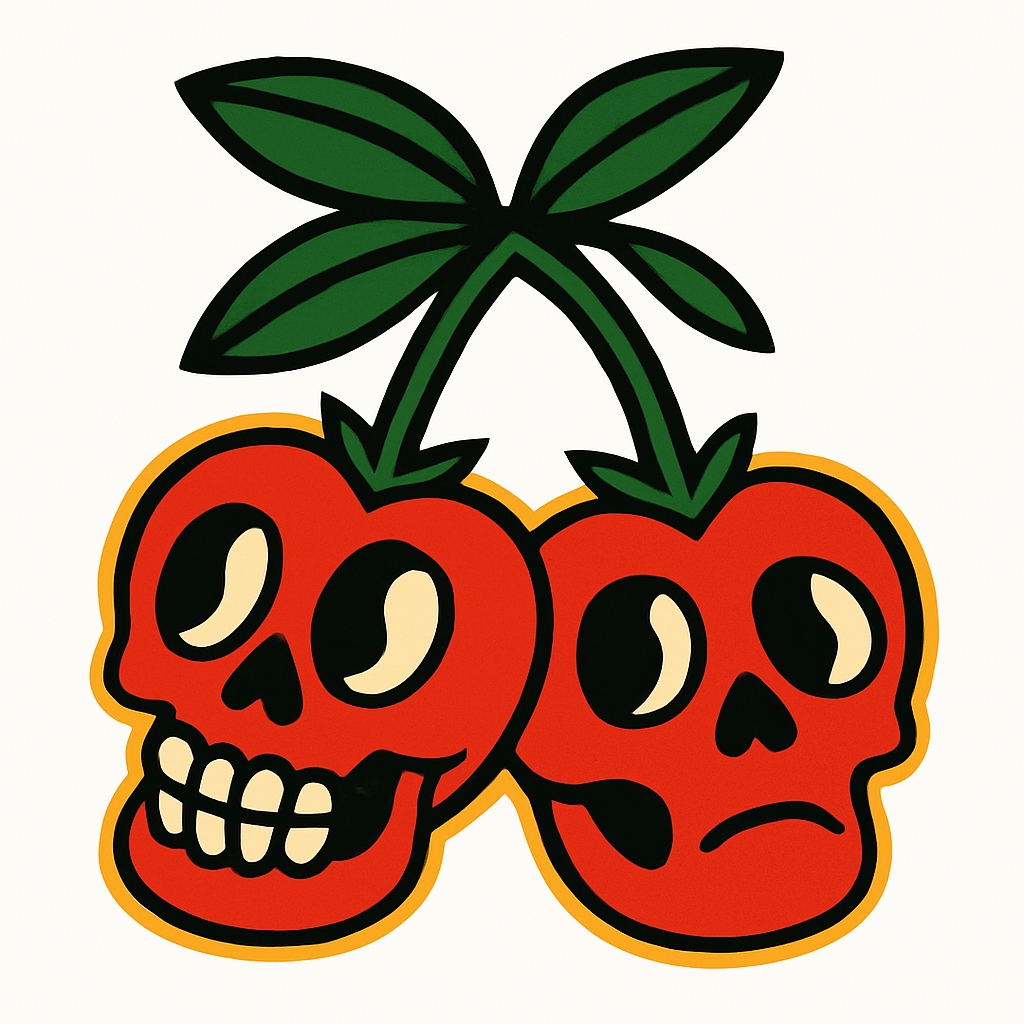 Stylized Skull Cherries Illustration with Whimsical Expressions Sticker