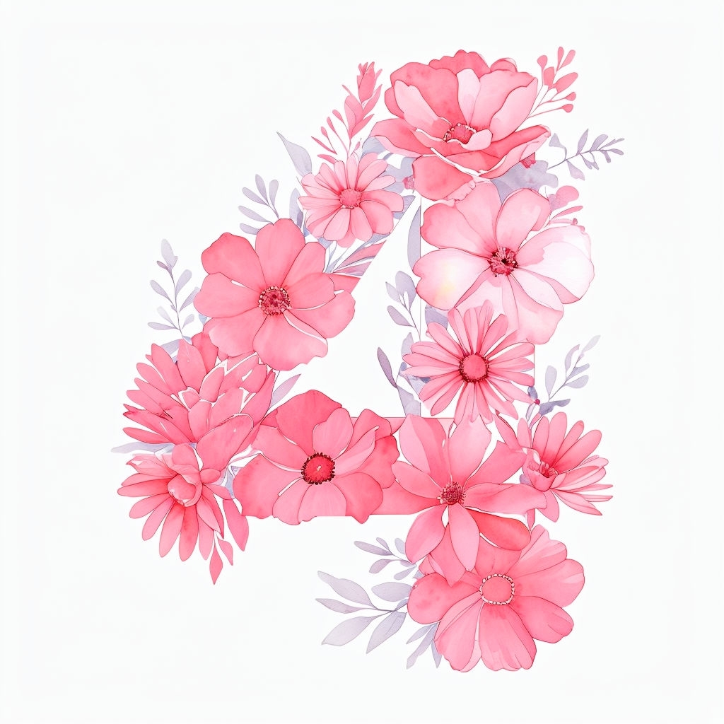 Floral Number 4 Watercolor Illustration for Elegant Décor Monogram