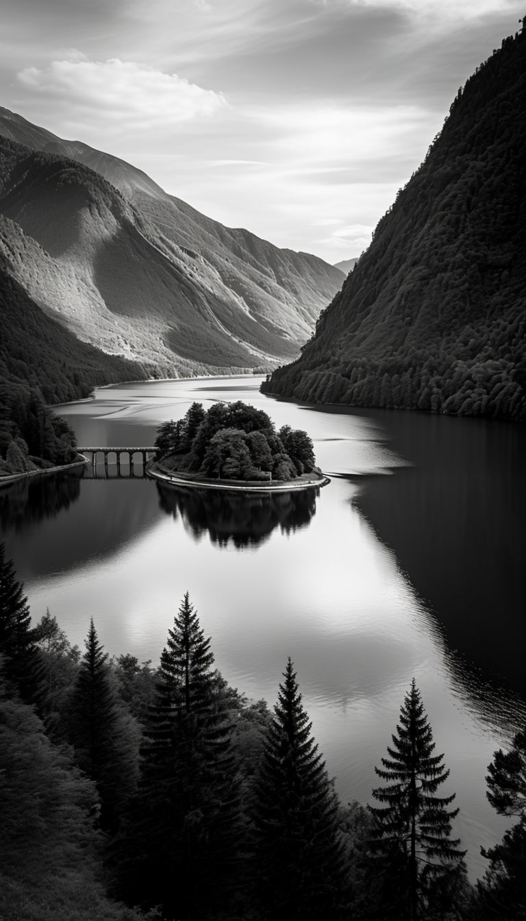 Serene Black and White Lake Reflection with Evergreen Trees Mobile Wallpaper