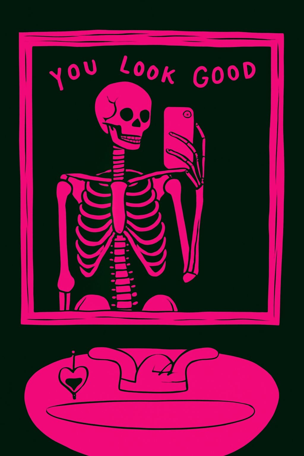 Neon Pink Skeleton Mirror Selfie Pop Art Illustration Poster