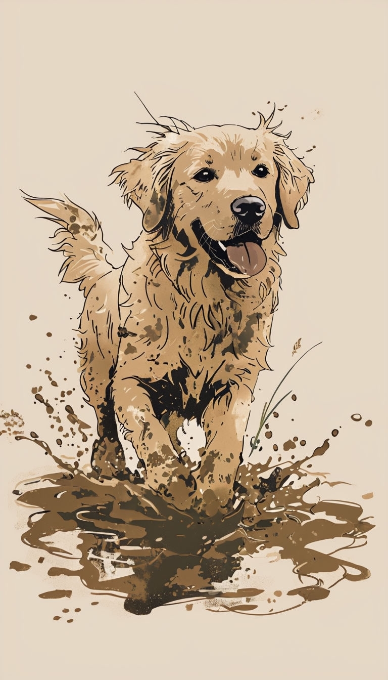 Cheerful Vintage Golden Retriever Playing in Mud Poster