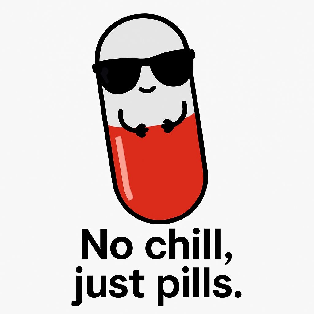 Cool Cartoon Pill Character with Sunglasses and Fun Text Sticker