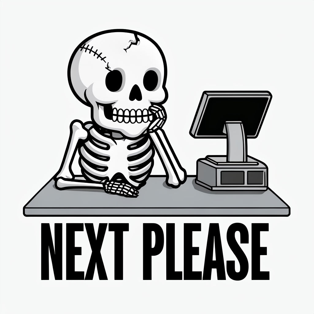 Humorous Skeleton at Cash Register with NEXT PLEASE Text T-Shirt
