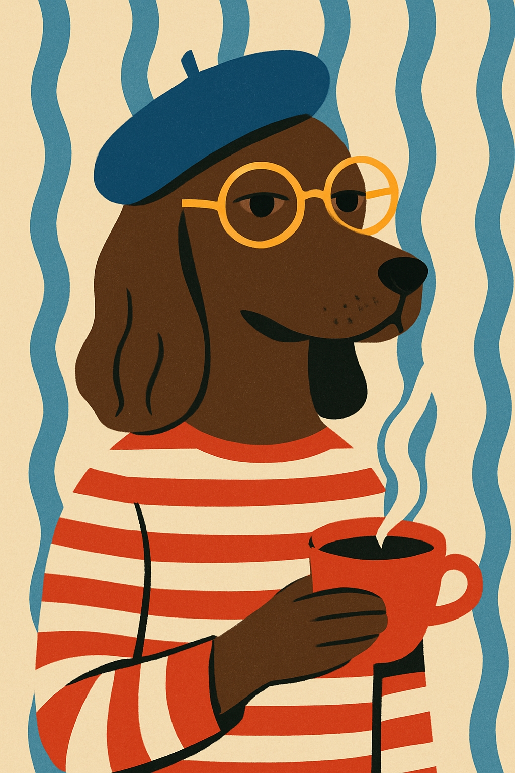 Whimsical Retro Dog in French Attire Cozy Coffee Poster