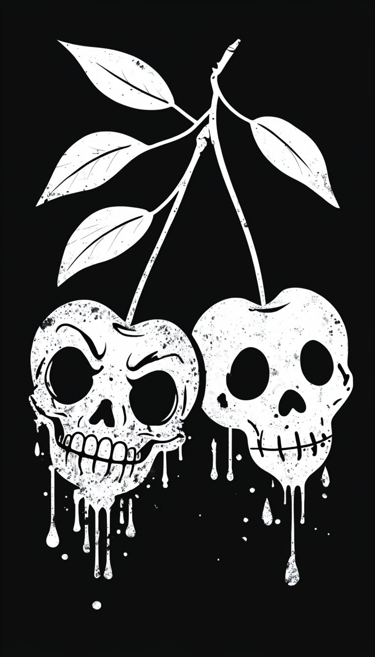 Gothic Skull Cherries Illustration on Black Background Mobile Wallpaper