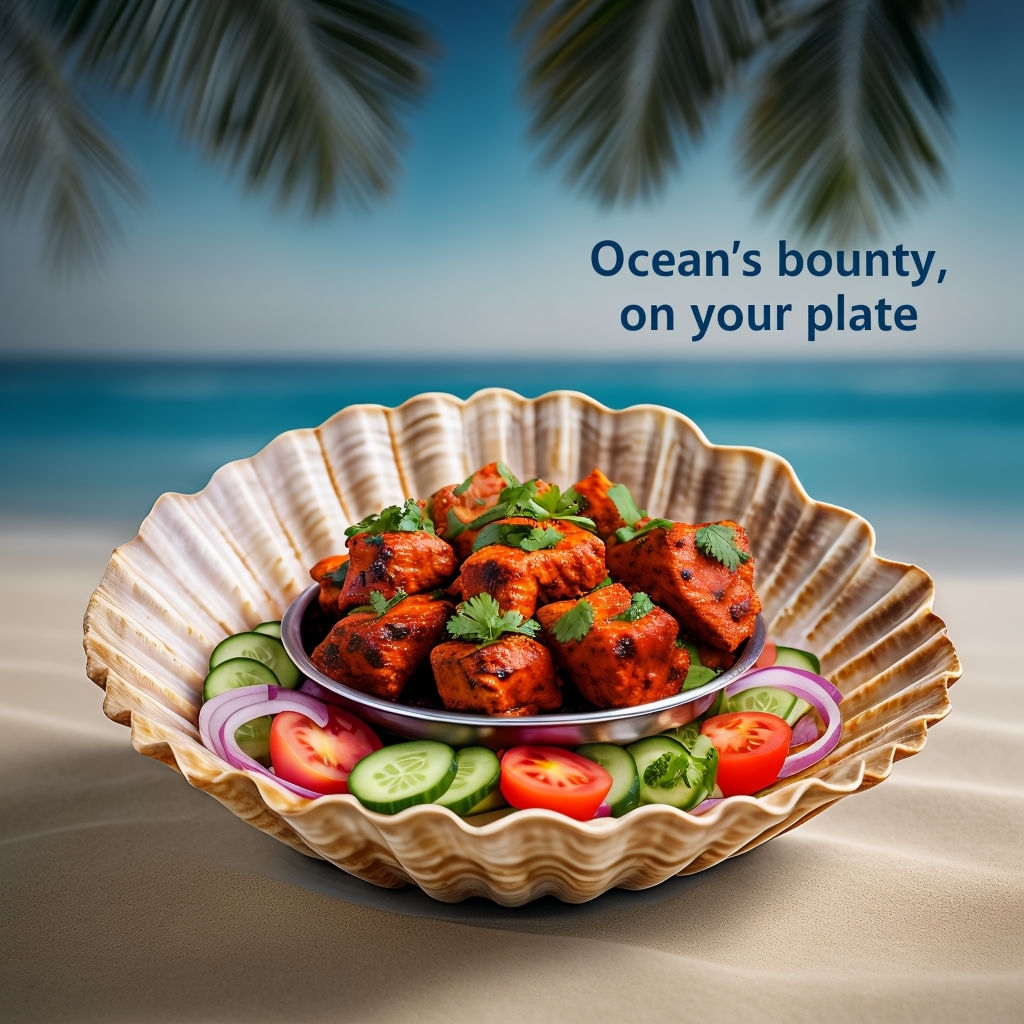 Vibrant Fish Tikka in Scallop Shell on Tropical Beach Social Media Post