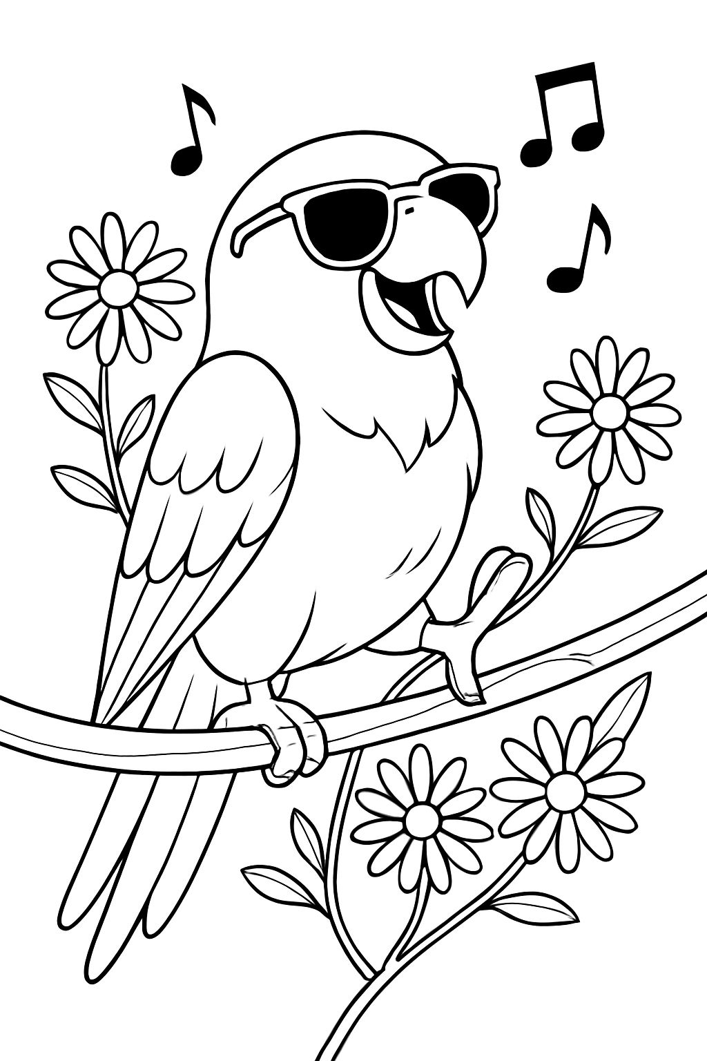 Whimsical Cartoon Bird with Sunglasses and Flowers Coloring Book Pages