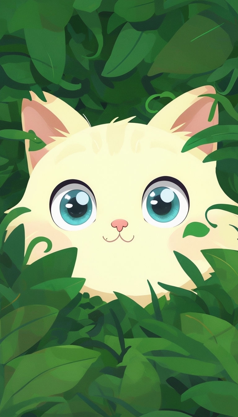 Charming Cartoon Cat Face Surrounded by Lush Greenery Sticker