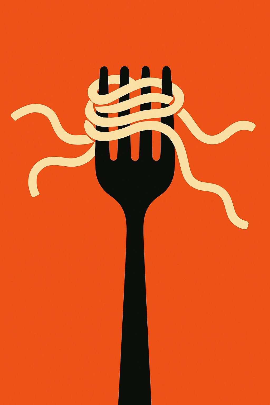 Minimalist Black Fork with Spaghetti Noodles on Orange Background Poster