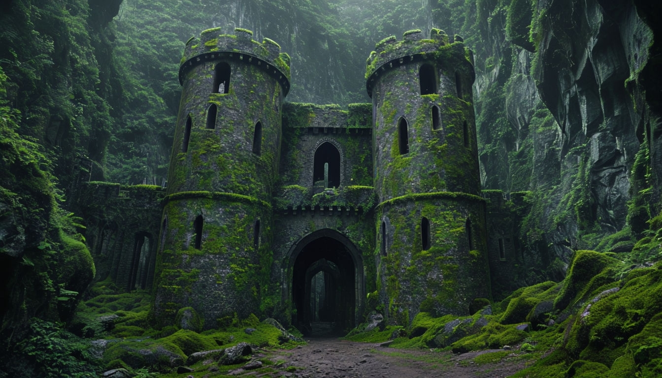 Eerie Overgrown Castle in Rocky Canyon Virtual Background