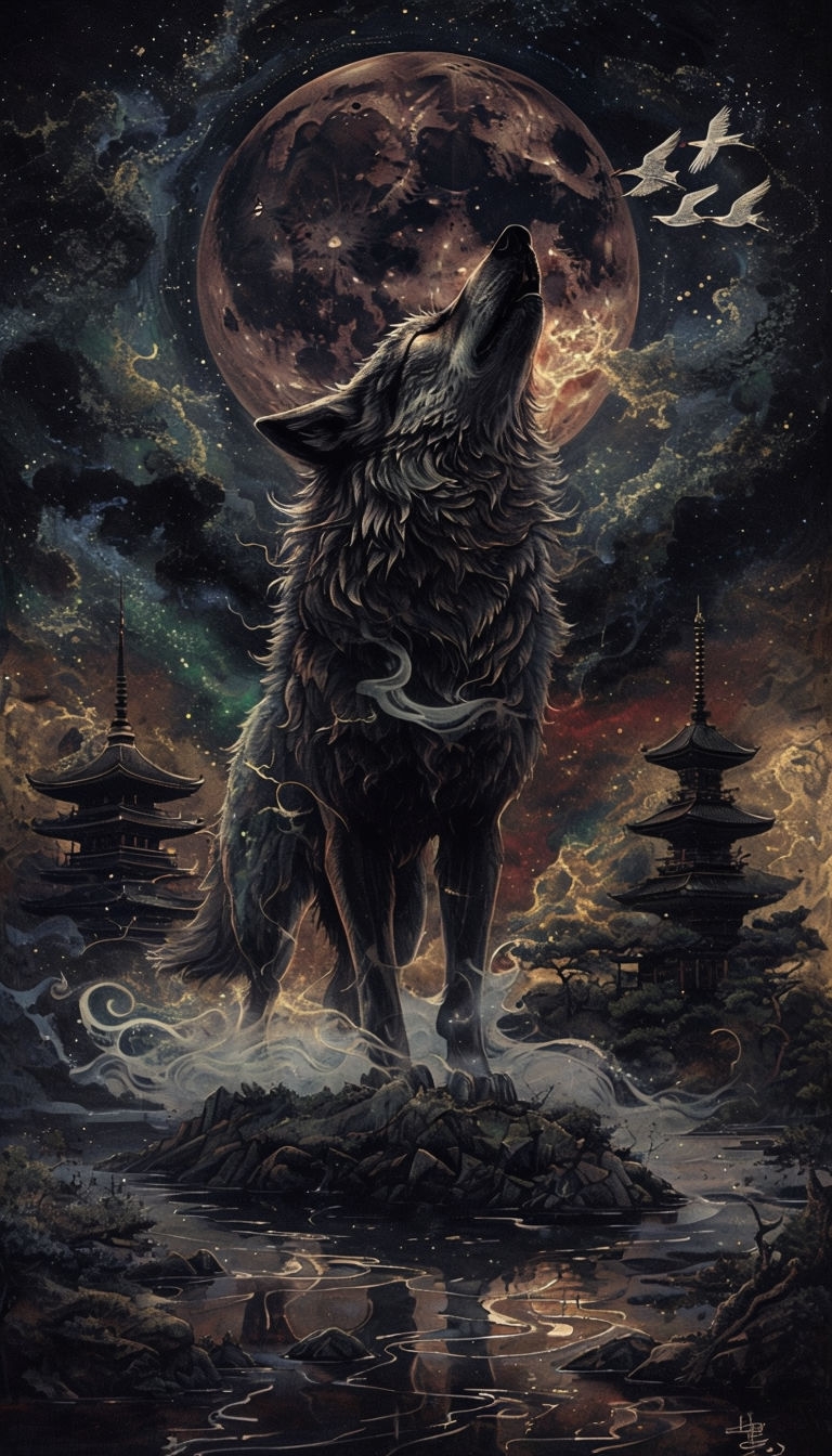 Majestic Wolf Howling Under Blood Red Moon Digital Art Wallpaper