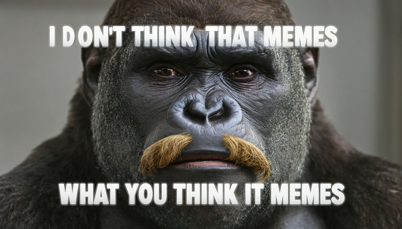 Skeptical Gorilla with Spanish Mustache and Memes Text Overlay Art