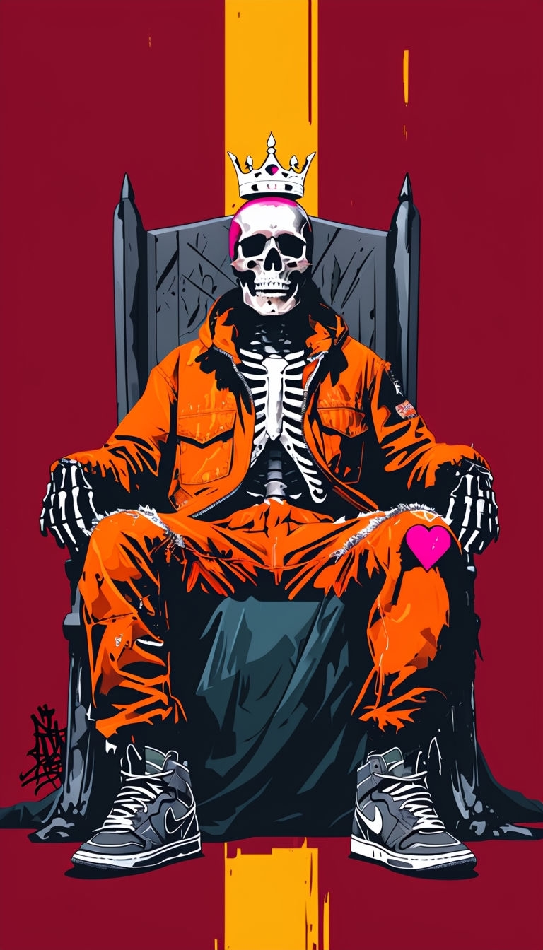 Regal Skeleton on Throne with Orange Jumpsuit Mobile Wallpaper