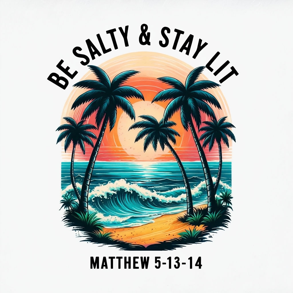 Vibrant Vintage Beach Scene with Be Salty & Stay Lit T-shirt