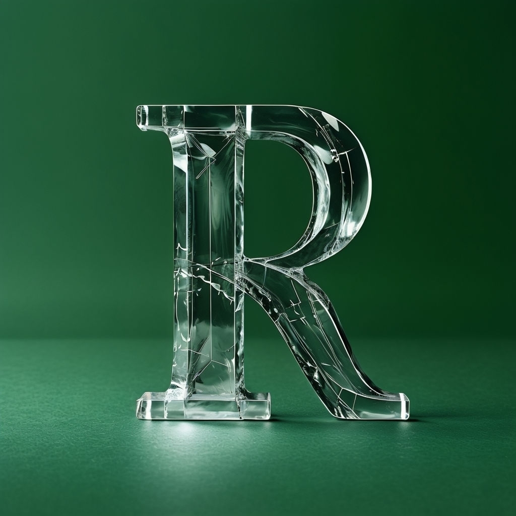 Elegant Glass Letter R on Dark Green Background Monogram