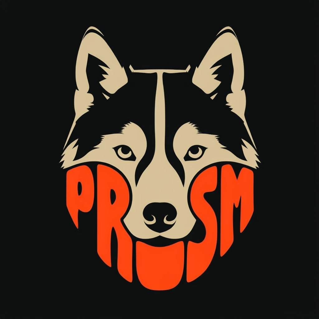 Stylized Husky Dog Face with PRISM Typography T-Shirt