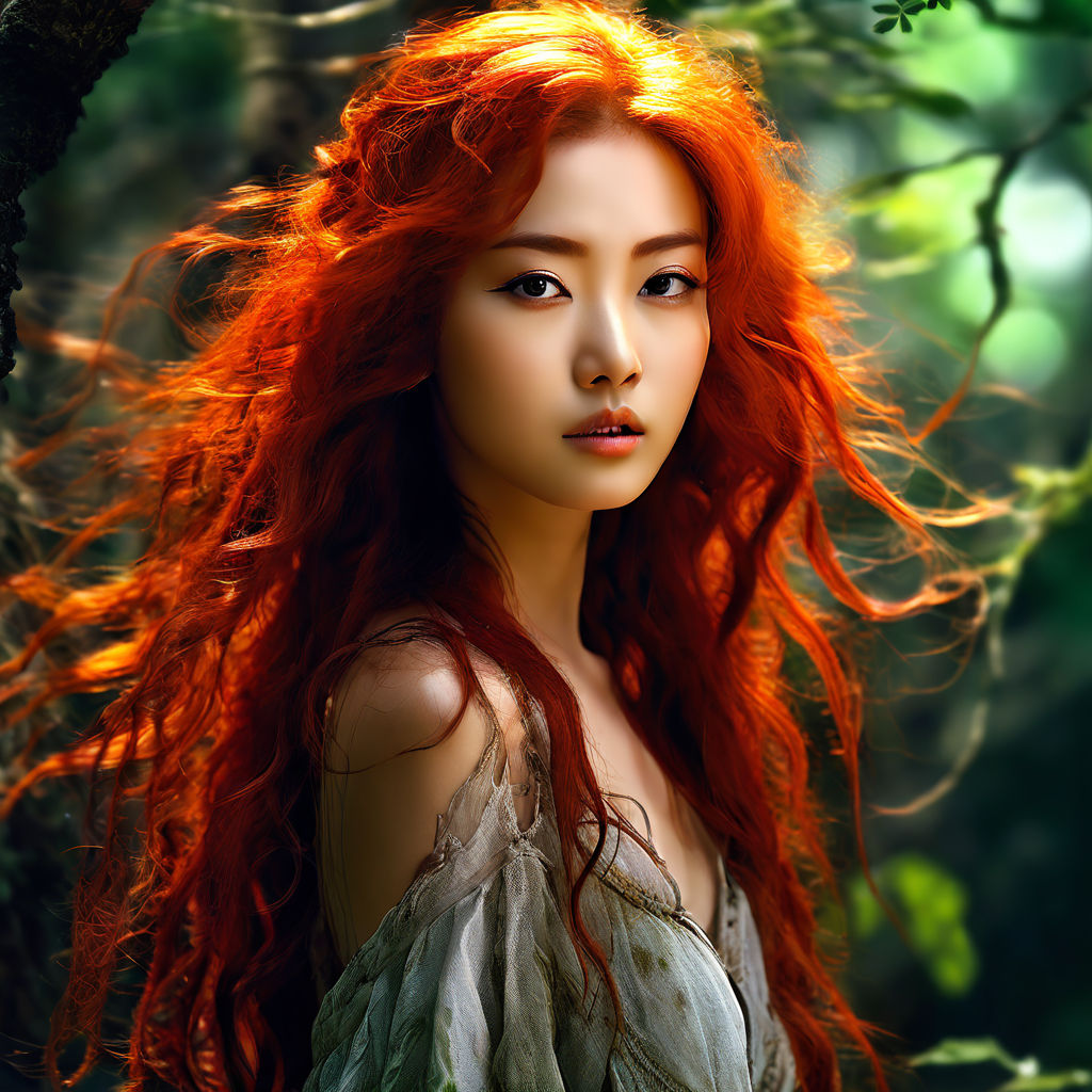 Beautiful young adult red haired Asian forest witch