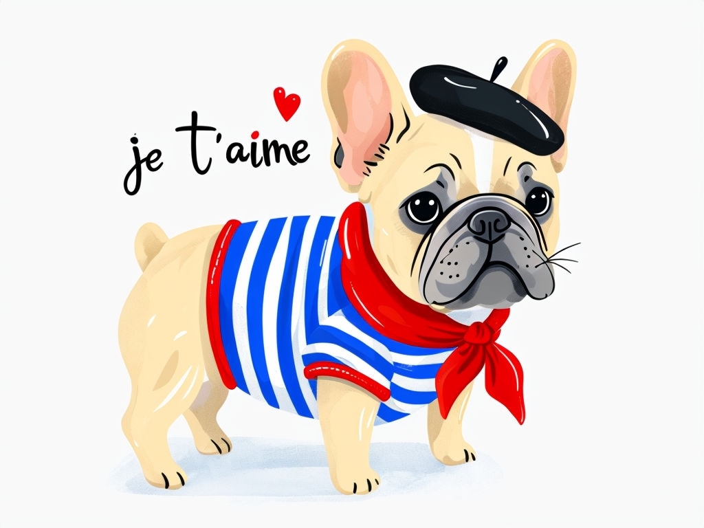 Whimsical French Bulldog Illustration with Je T'aime Text Card