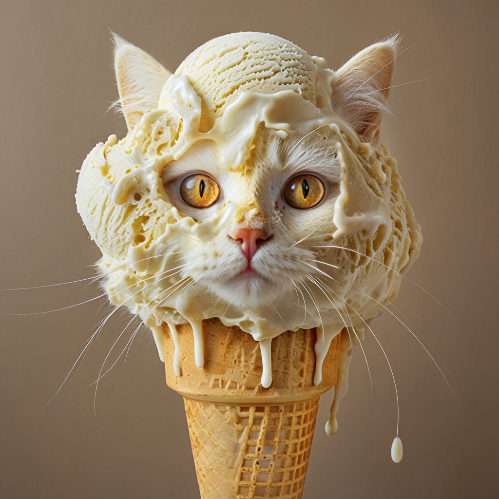 Whimsical Cream Cat with Ice Cream Head Surreal Art