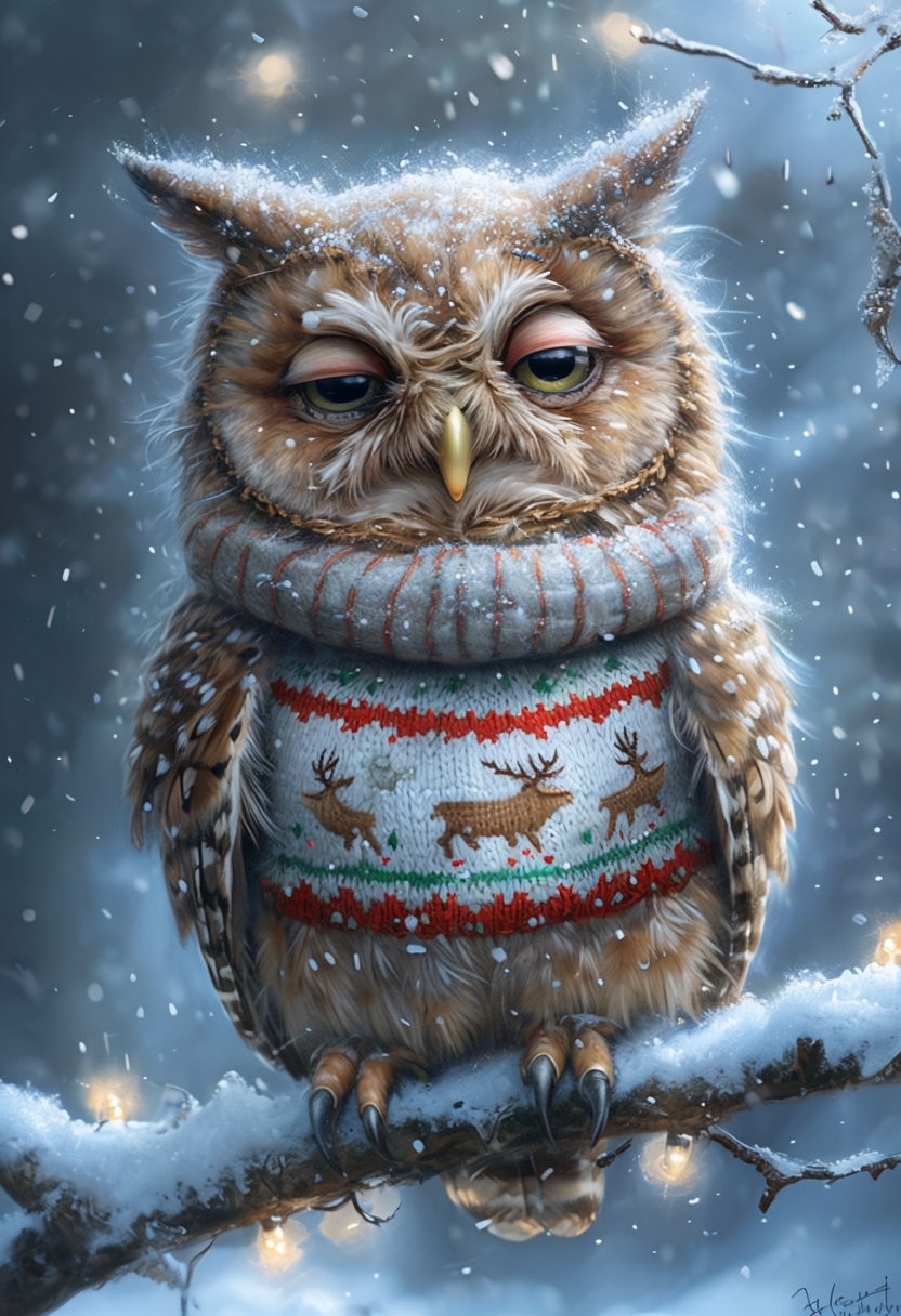 Cozy Sleepy Owl in Christmas Sweater Art for Winter Season