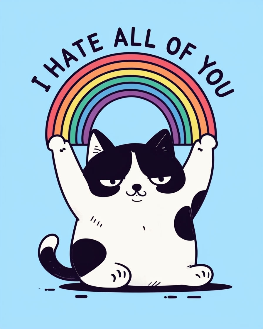 Aloof Black and White Cat Holding a Rainbow T-Shirt