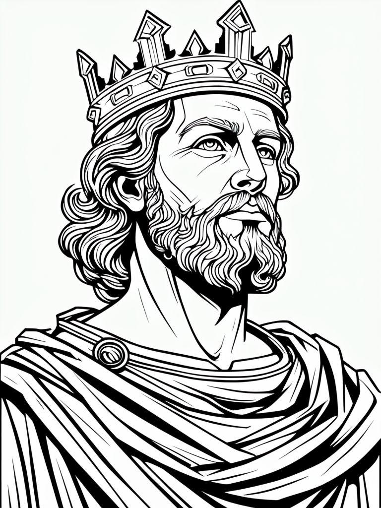 Regal King's Portrait Coloring Page with Intricate Line Art