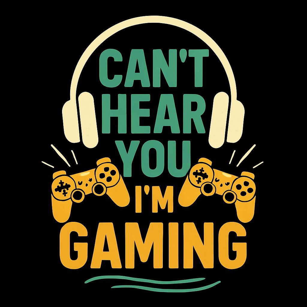 Playful Gaming Typography with Headphones and Controllers T-Shirt