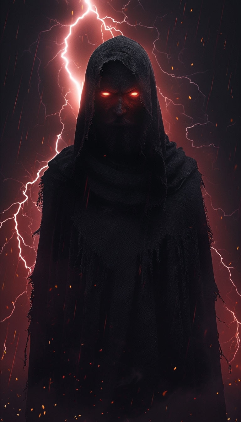 Menacing Figure with Glowing Red Eyes and Lightning Artwork Mobile Wallpaper