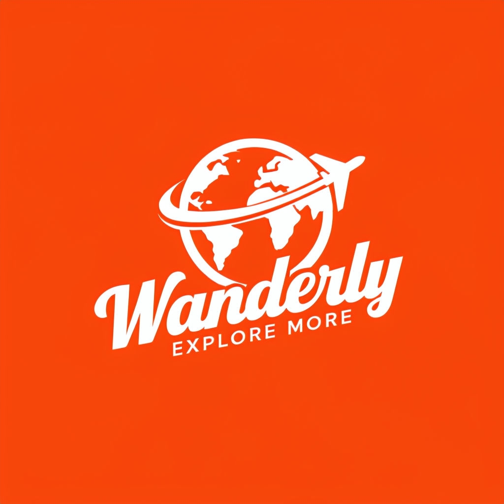 Vibrant Orange Wanderly Travel Logo Design with Globe and Airplane