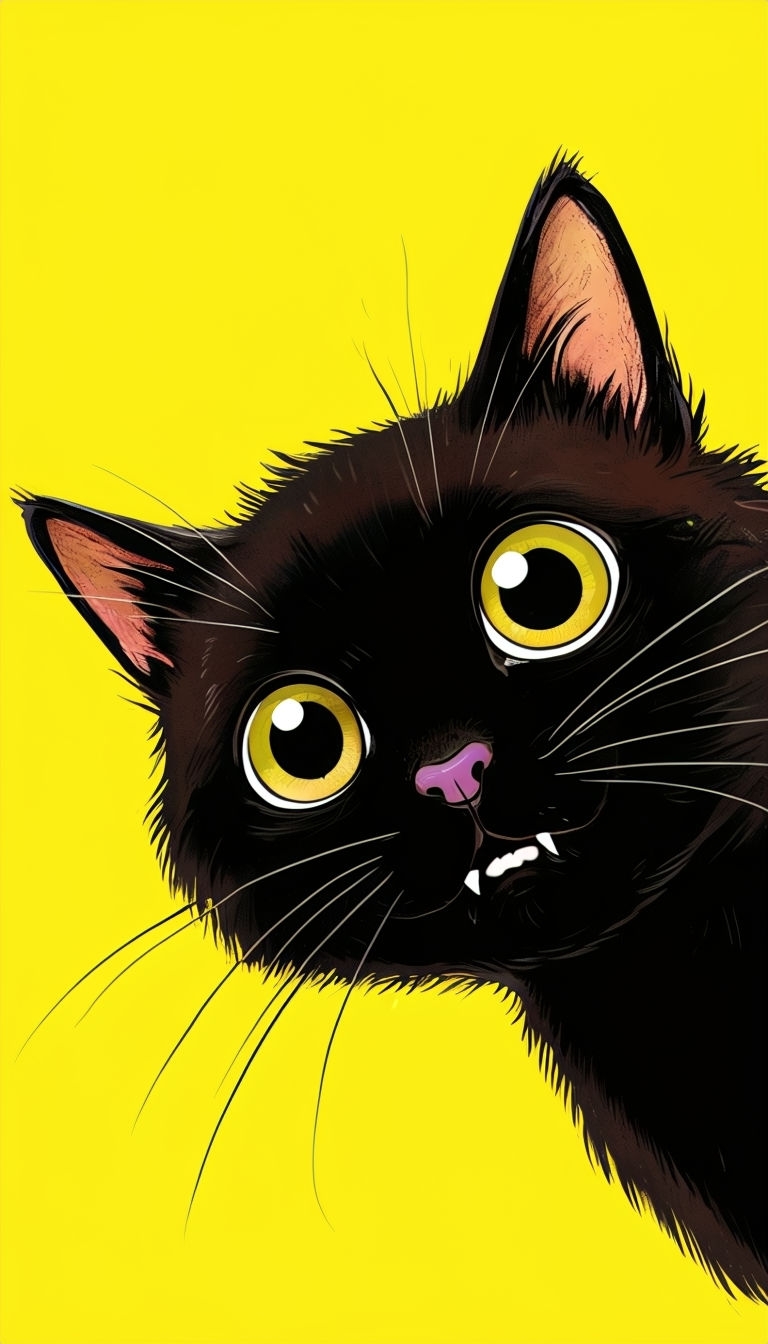 Curious Black Cat Face Illustration on Bright Yellow T-Shirt