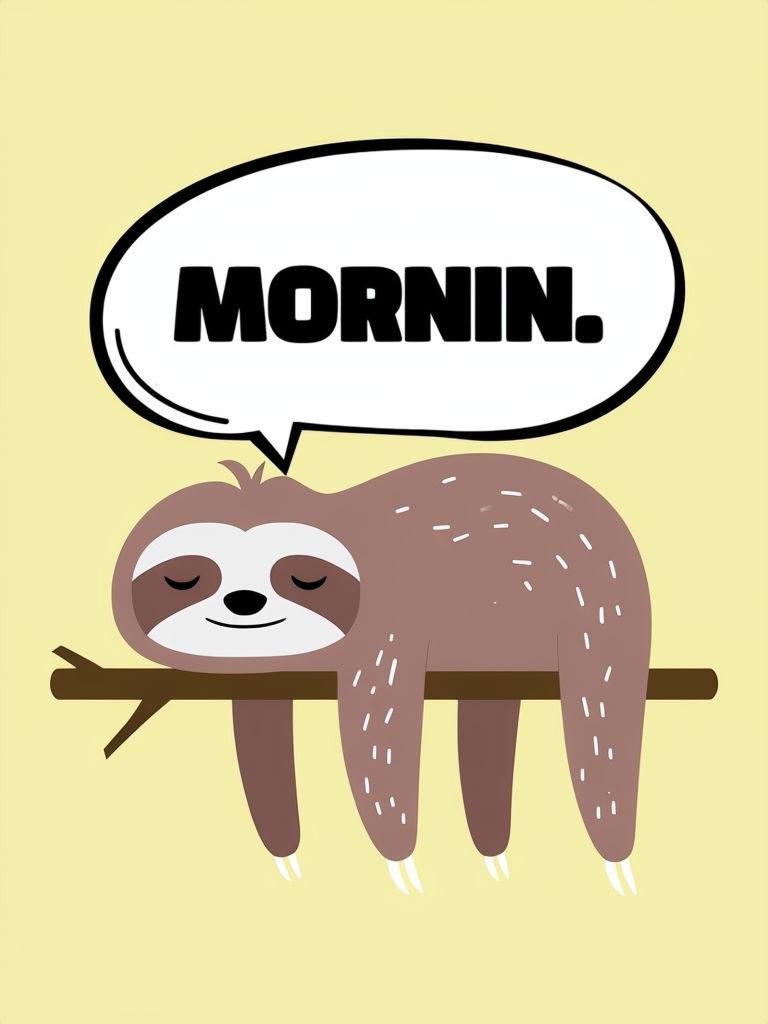 Sleepy Cartoon Sloth with Mornin Text Bubble Sticker